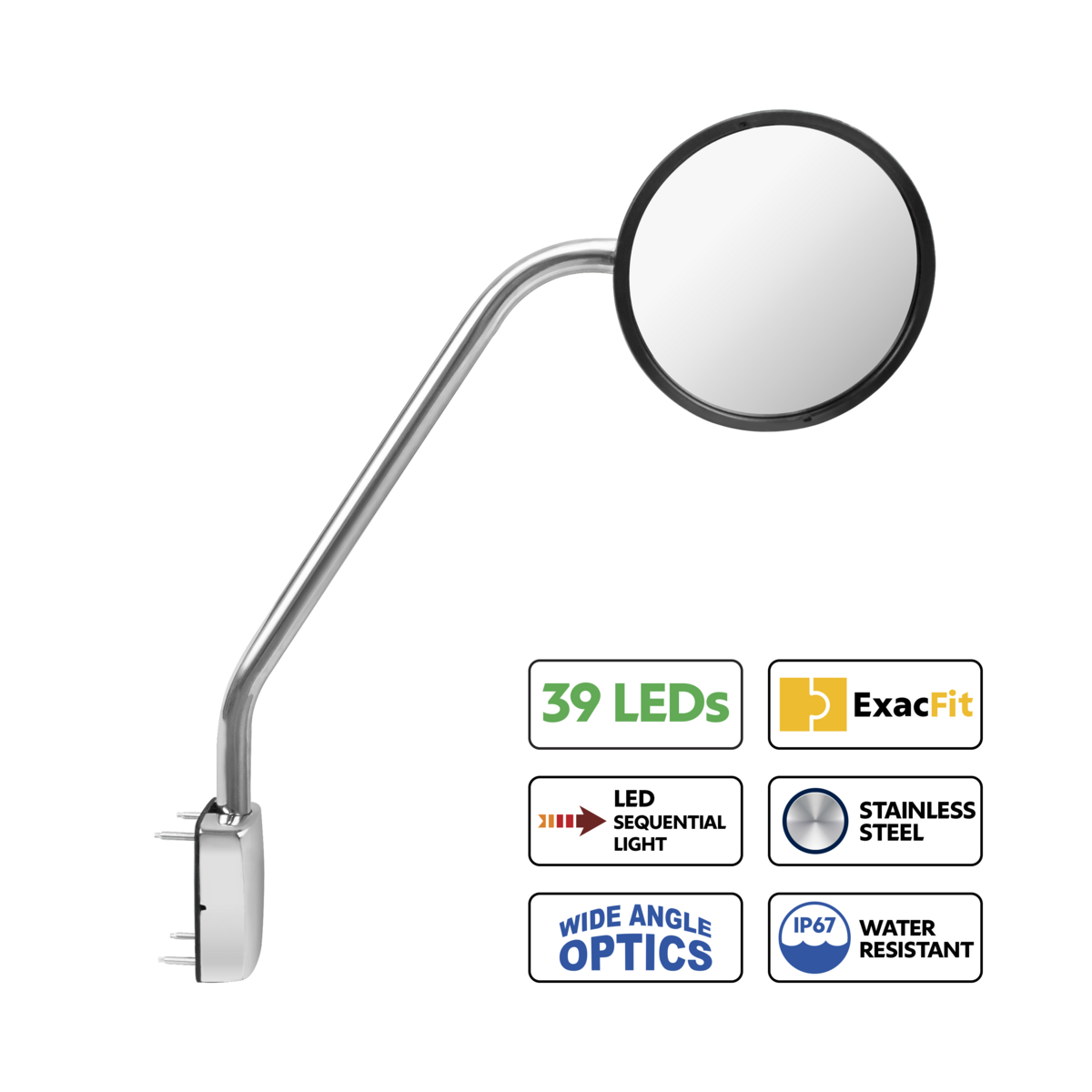 SS Hood Mirror Assembly W/ Sequential LED Turn Signal For 2013-2021 Kenworth T680 & Peterbilt 579 - Driver