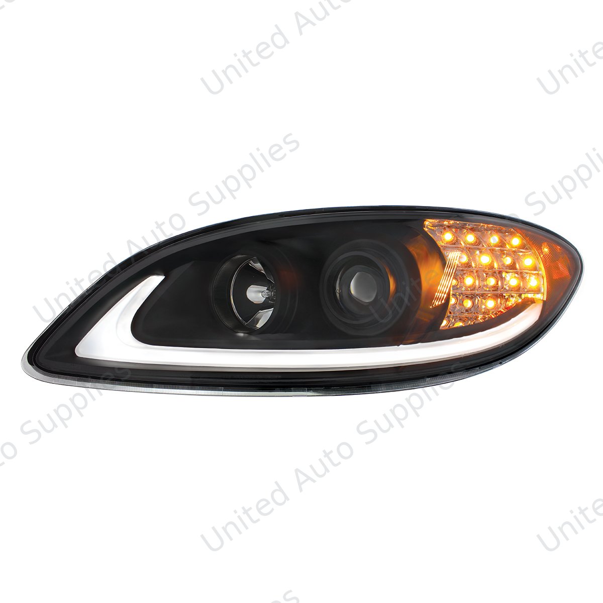 Black Projection Headlight With LED Turn Signal & Light Bar For 2006-2017 International Prostar - Driver