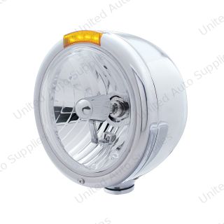 Stainless Steel Classic Half Moon Headlight Crystal H4 Bulb & LED Turn Signal - Amber Lens
