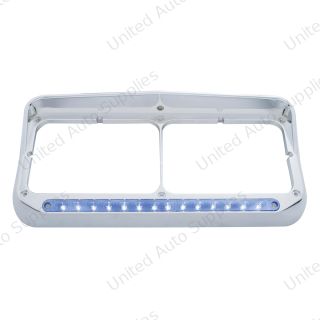 14 LED Chrome Rectangular Dual Headlight Bezel With Visor - Blue LED/Clear Lens