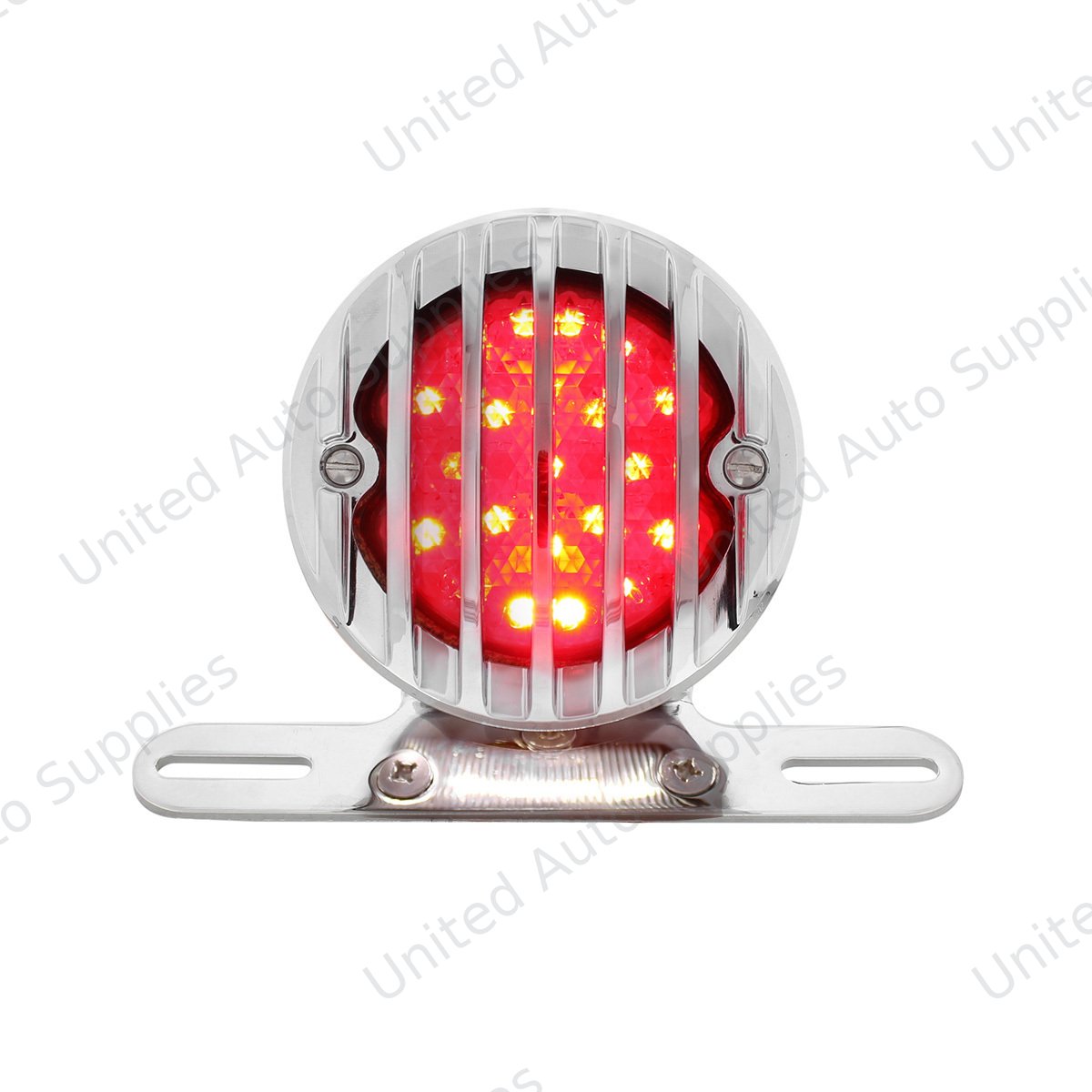 Motorcycle LED Rear Fender Tail Light With Chrome Grille Bezel - Red Lens