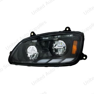 Black LED Headlight With Sequential Turn Signal & Position Light Bars For 2008-17 Kenworth T660 - Driver