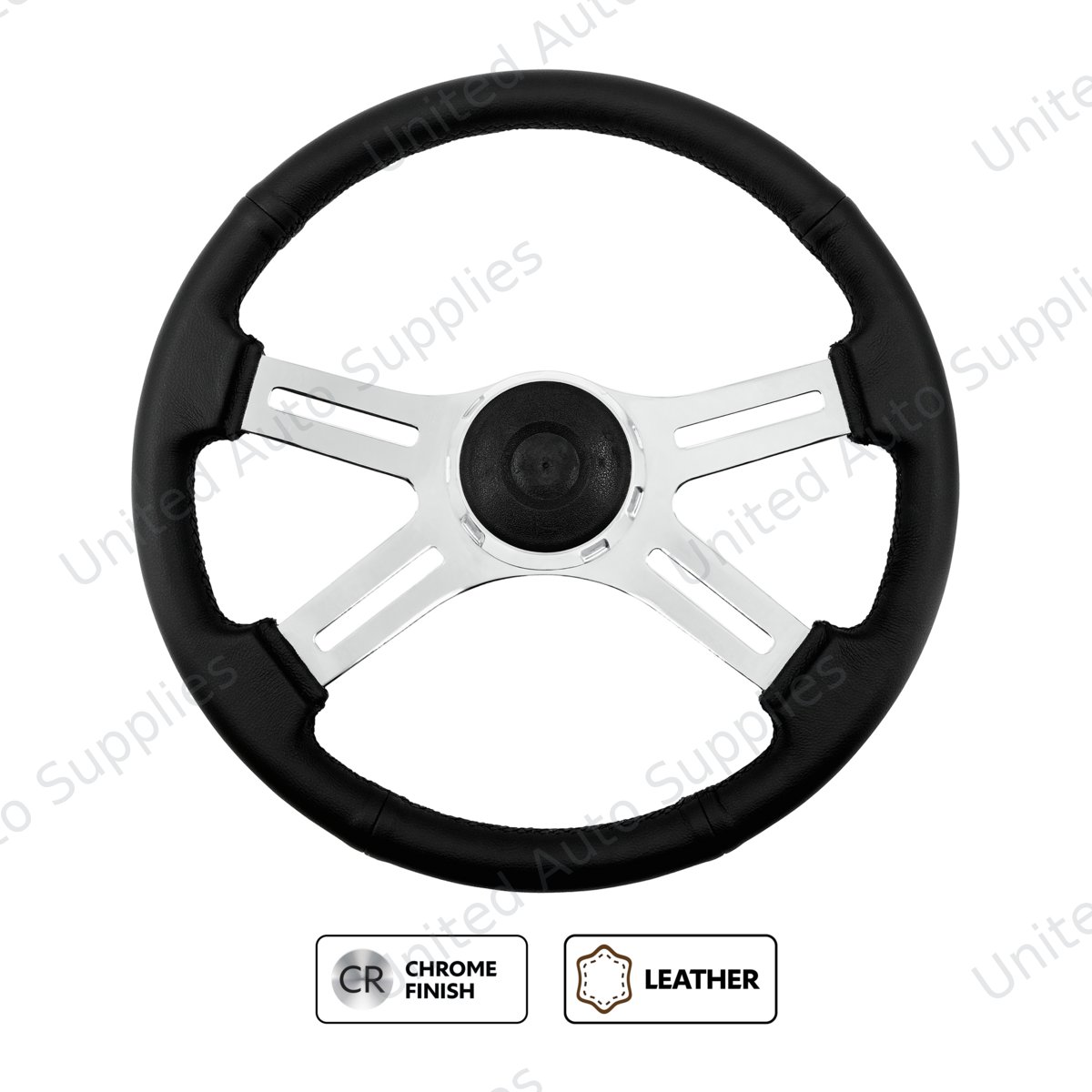 18" Black Leather Rim 4 Spoke Steering Wheel With Chrome Horn Bezel and Horn Button