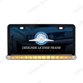 Black License Plate Frame With 14 LED 12" Light Bar - Amber LED/Clear Lens