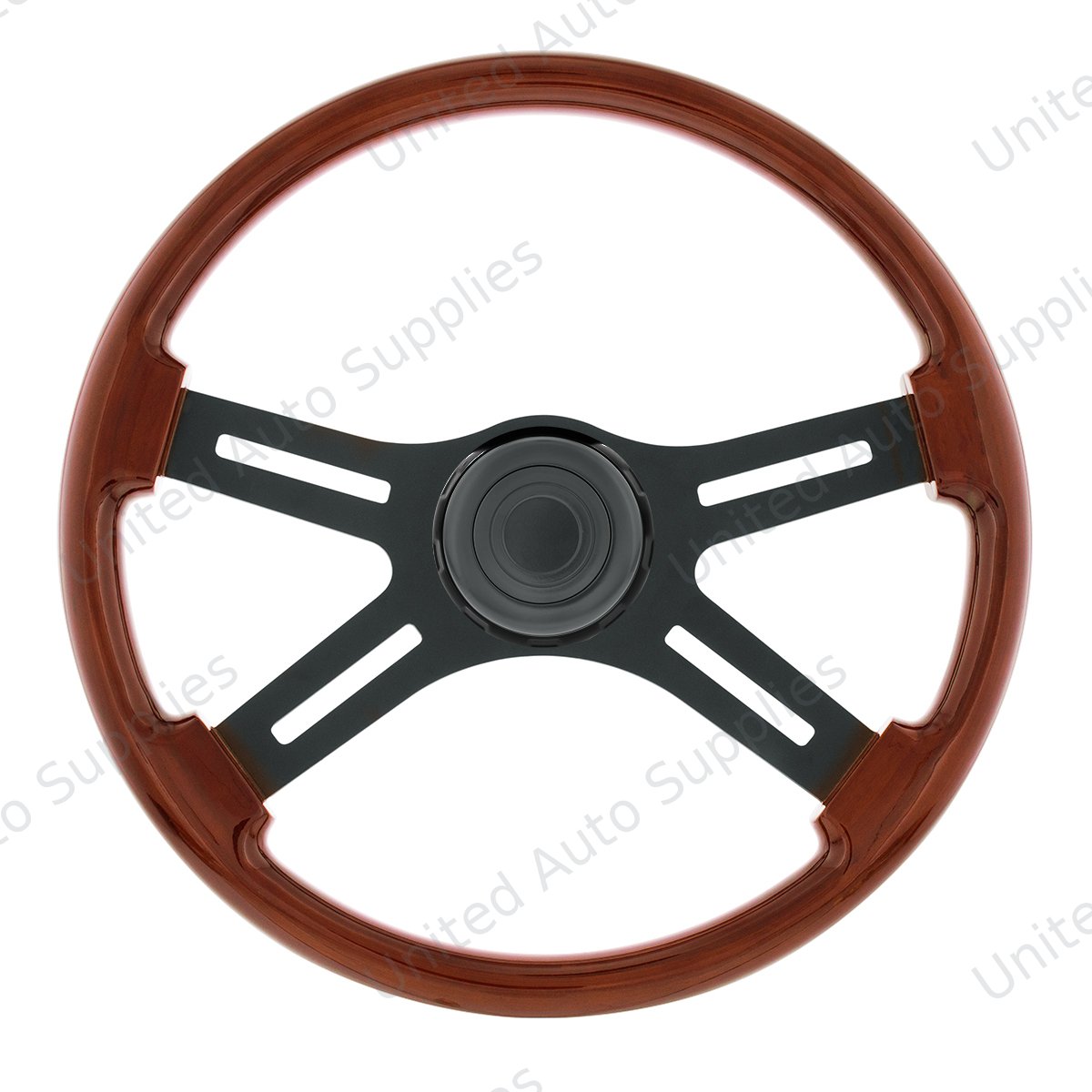 18" Matte Black 4 Spoke Steering Wheel With Horn Bezel & Button-Wood Grain