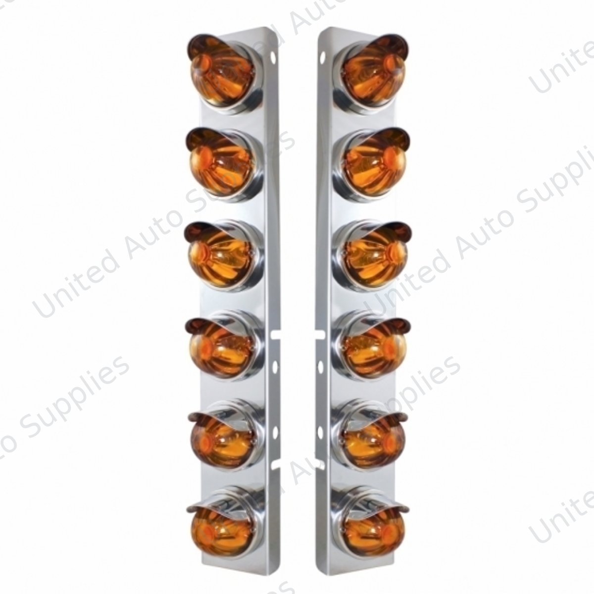 SS Front Air Cleaner Bracket With 12X Glass Watermelon Lights & SS Visors For Peterbilt-Amber Lens