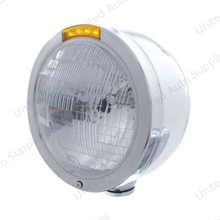Stainless Steel Bullet Half Moon Headlight H6024 Bulb & LED Turn Signal - Amber Lens