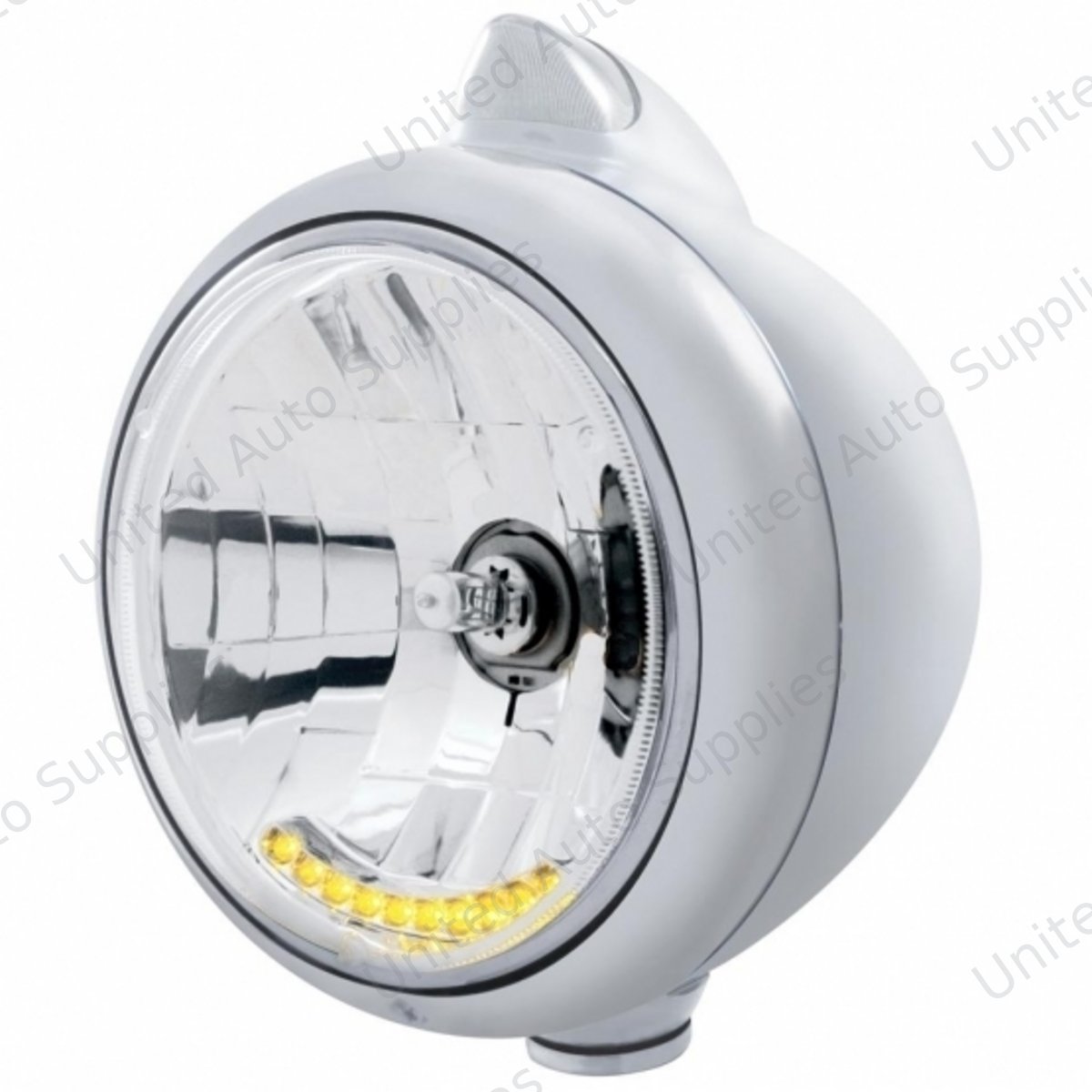 Stainless Steel Guide 682-C Headlight H4 With 10 Amber LED & Original Style LED Signal - Clear Lens