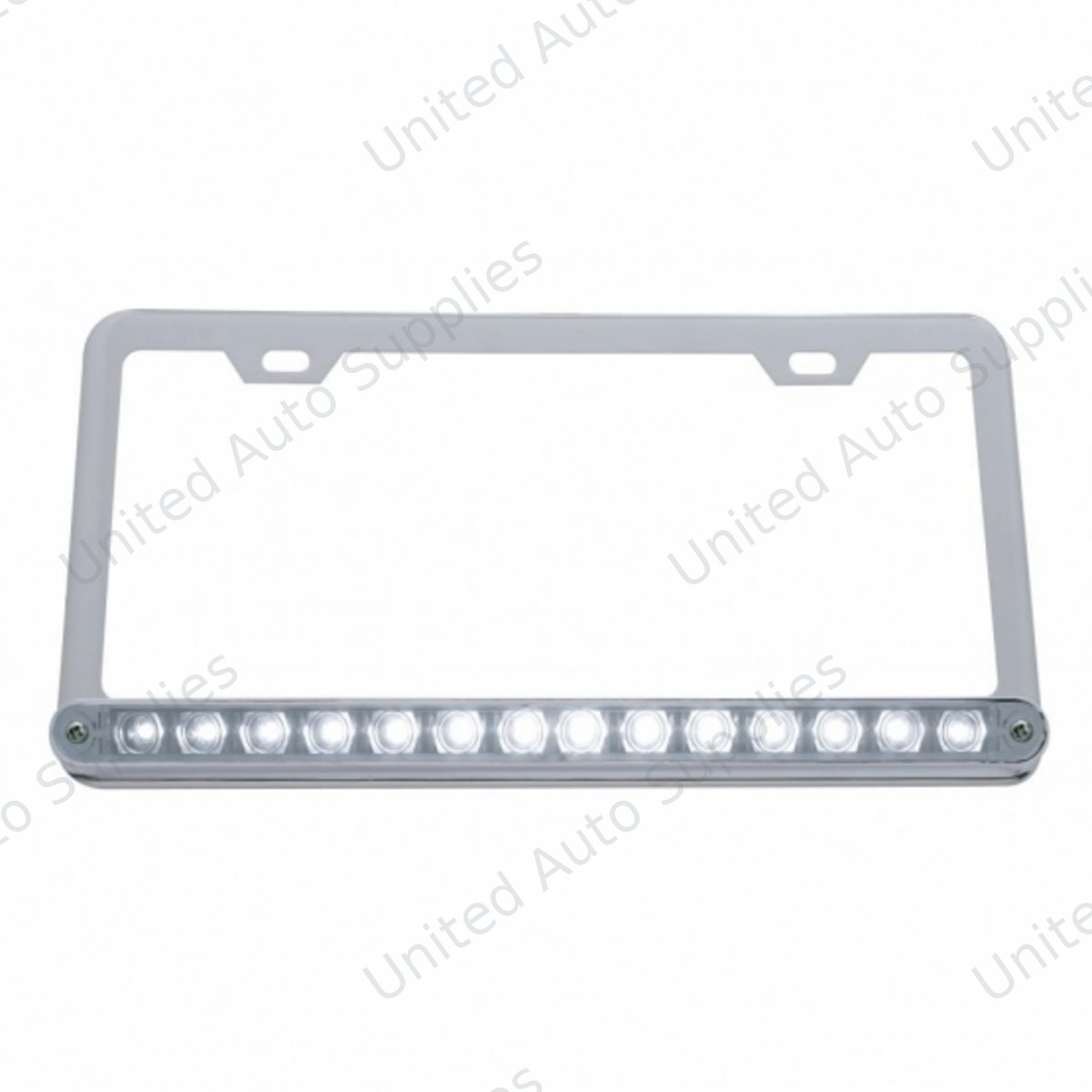 Chrome License Plate Frame With 14 LED 12" Light Bar - White LED/Clear Lens