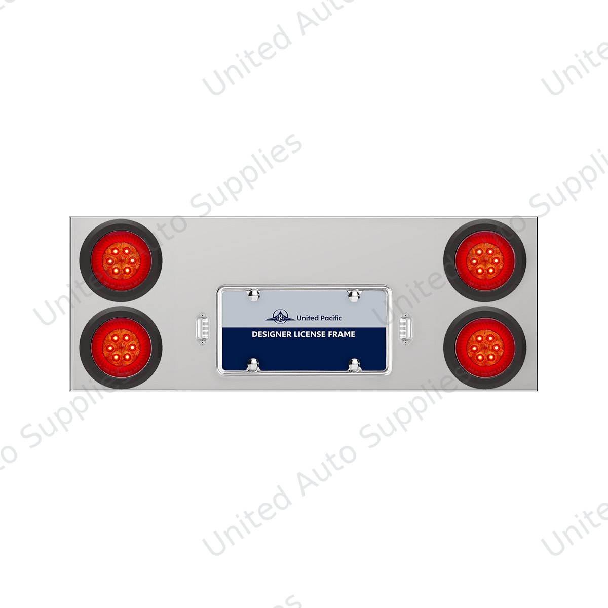 33-3/4" Stainless Rear Center Panel With 4X 16 LED 4" Turbine Lights & Grommets - Red LED/Red Lens