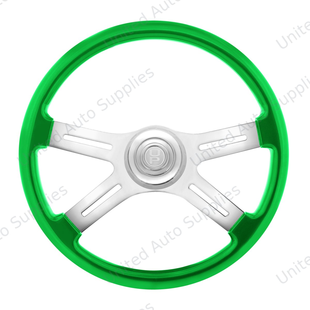 18" Candy Color 4 Spoke Steering Wheel With Chrome Horn Bezel And Horn Button-Candy Apple Green