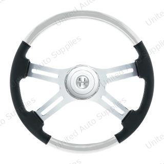 18" Leather & Wood Candy Color 4 Spoke Steering Wheel With Chrome Horn Bezel-Pearl White
