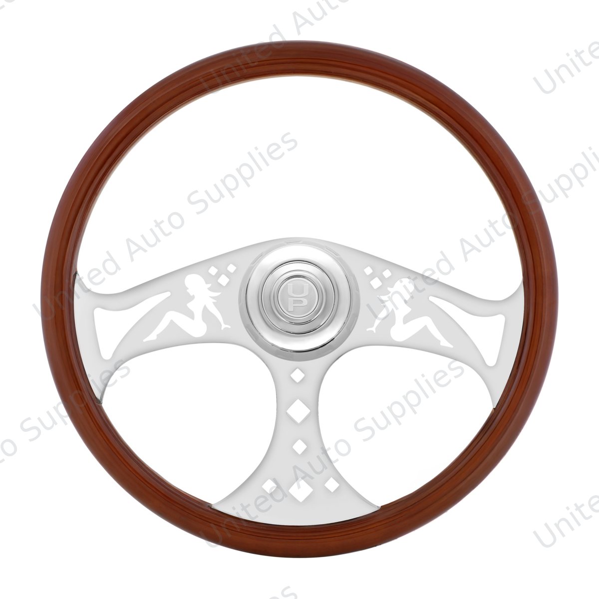18" Lady Steering Wheel With Chrome Horn Bezel And Horn Button - Woodgrain