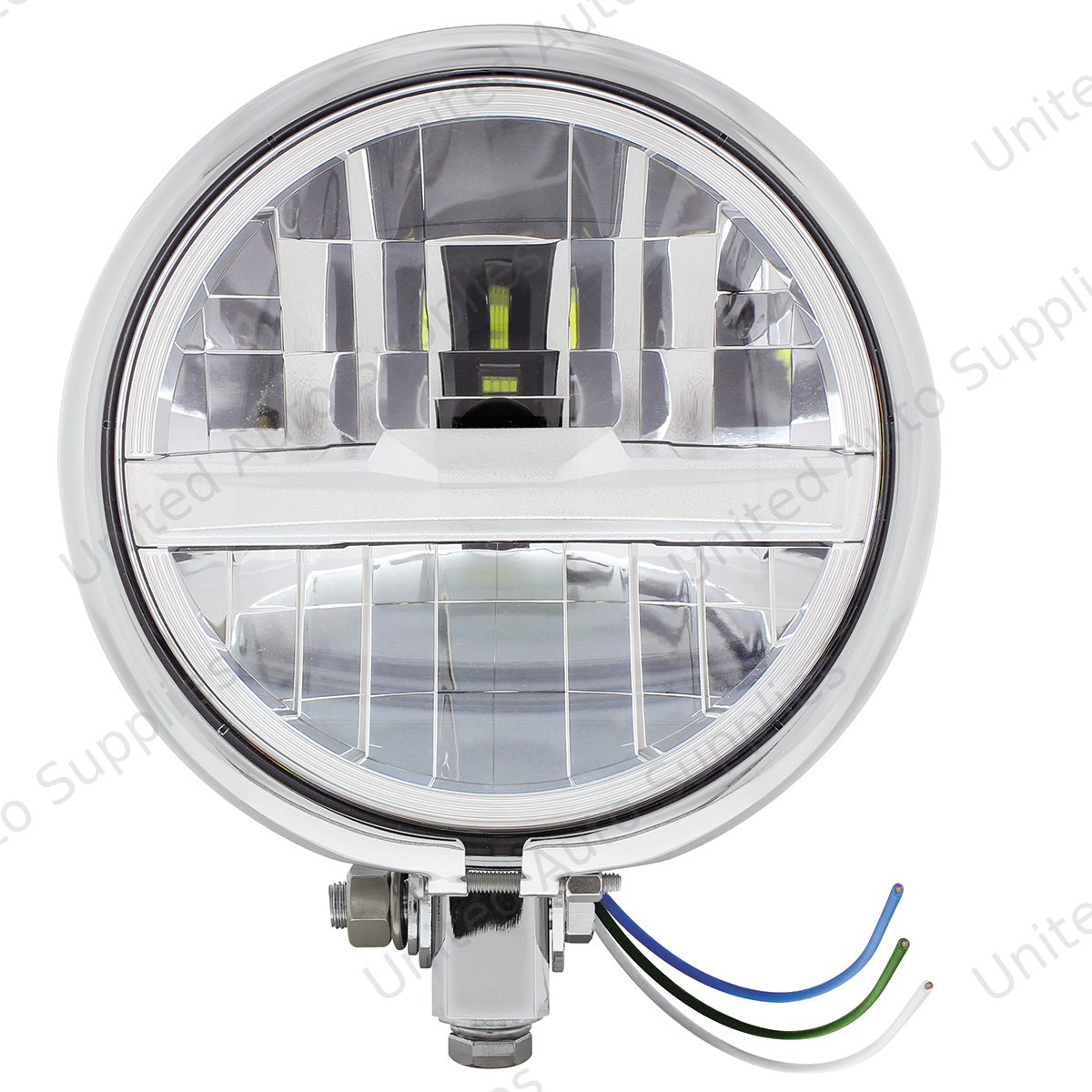 Chrome 5-3/4" Motorcycle Headlight 8 LED Bulb With Silver Bar - Bottom Mount