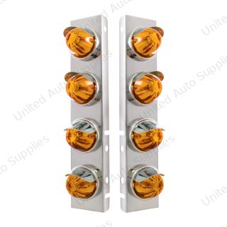 SS Front Air Cleaner Bracket With 8X Glass Watermelon Lights & SS Visors For Peterbilt -Amber Lens