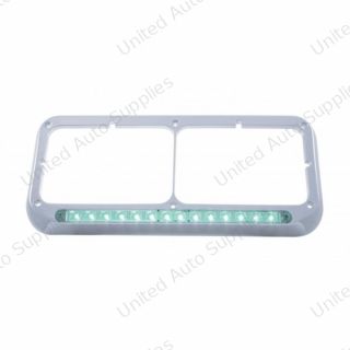 14 LED Chrome Rectangular Dual Headlight Bezel - Green LED/Clear Lens