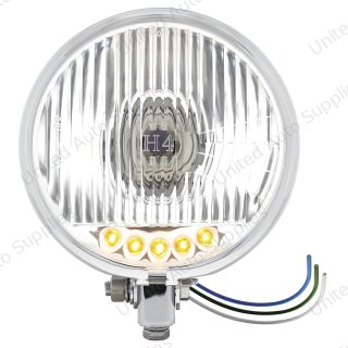 Chrome 5-3/4" Motorcycle Headlight H4 Bulb With 5 Amber LED - Bottom Mount
