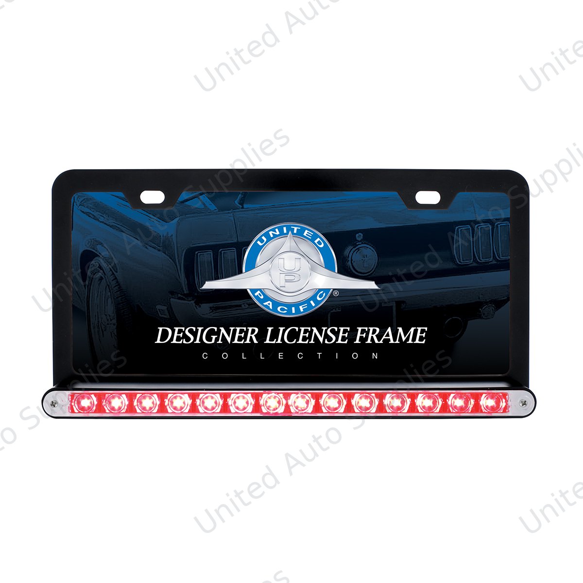Black License Plate Frame With 14 LED 12" Light Bar - Red LED/Clear Lens