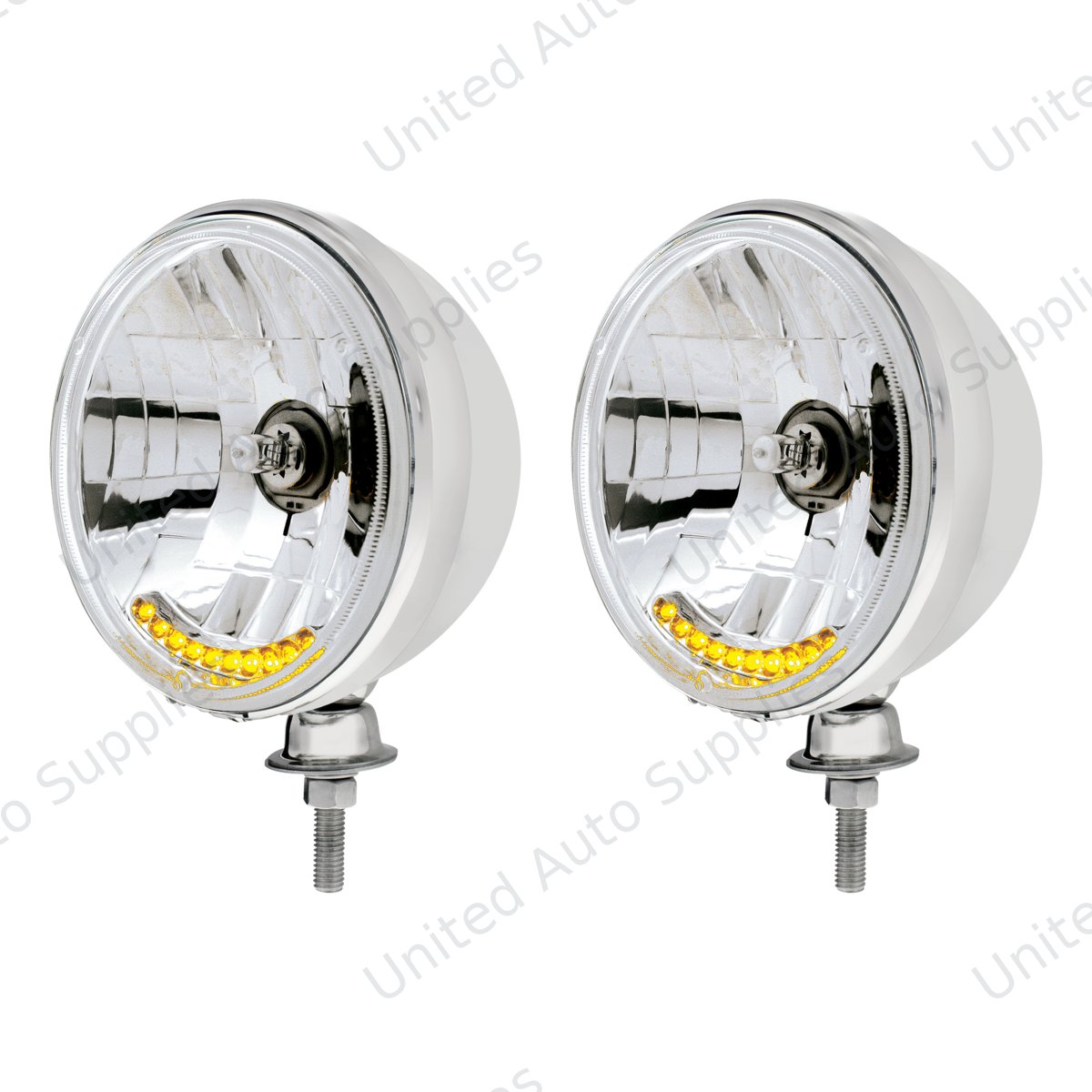 7" Stainless Dietz Style Headlight With 12 Volt Crystal Halogen Bulb & 10 Amber LED (Pair)