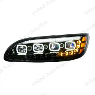 Black Quad-LED Headlight With LED DRL & Seq. Signal For 2005-2015 Peterbilt 386- Driver