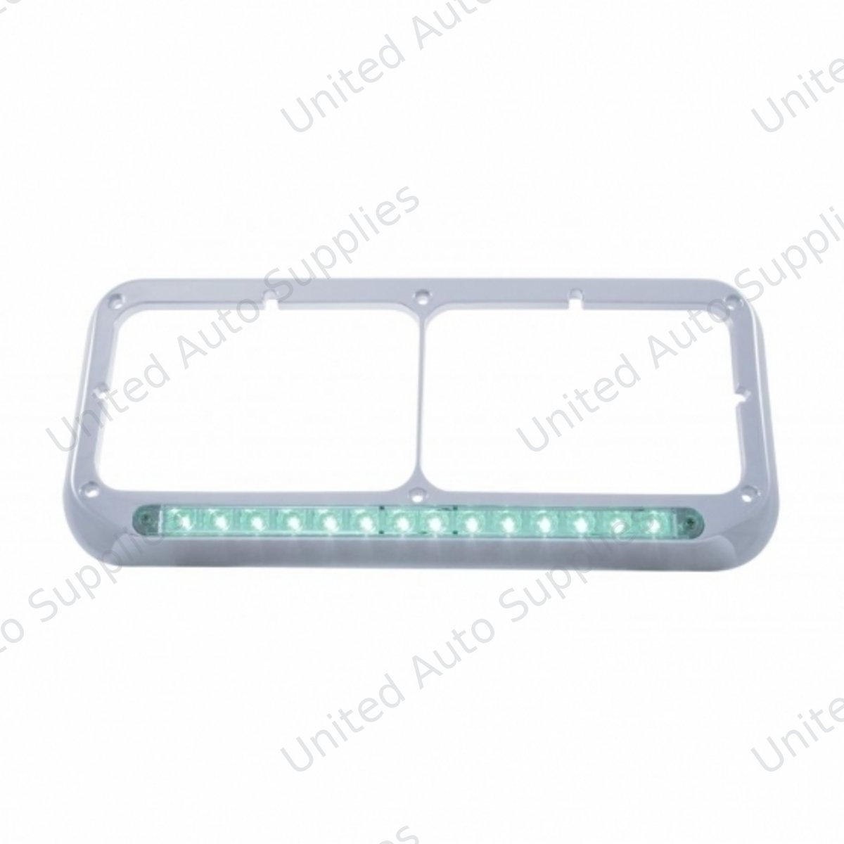 14 LED Chrome Rectangular Dual Headlight Bezel - Green LED/Clear Lens