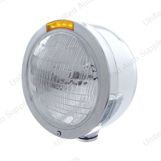 Stainless Steel Bullet Half Moon Headlight 6014 Bulb & LED Turn Signal - Amber Lens