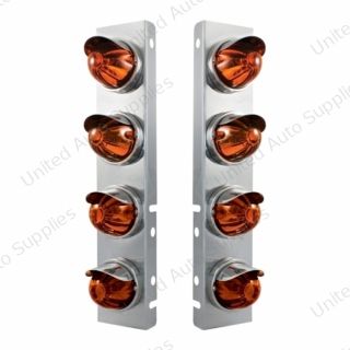 SS Front Air Cleaner Bracket With 8X Glass Watermelon Lights & SS Visors For Peterbilt-Dark Amber Lens