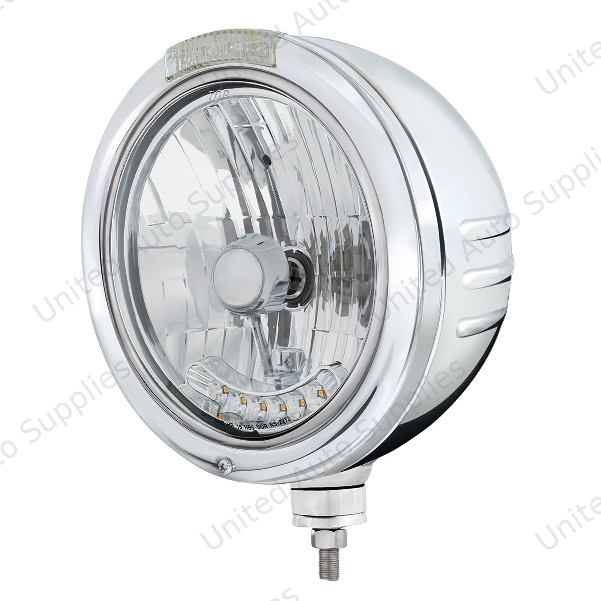SS Bullet Embossed Stripe Headlight Housing & H4 With 6 Amber LEDs & Dual Mode LED Signal -Clear Lens