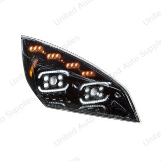 Black 10 LED Projector Headlight With LED Sequential Turn & DRL For 2018-2024 Freightliner Cascadia - Passenger