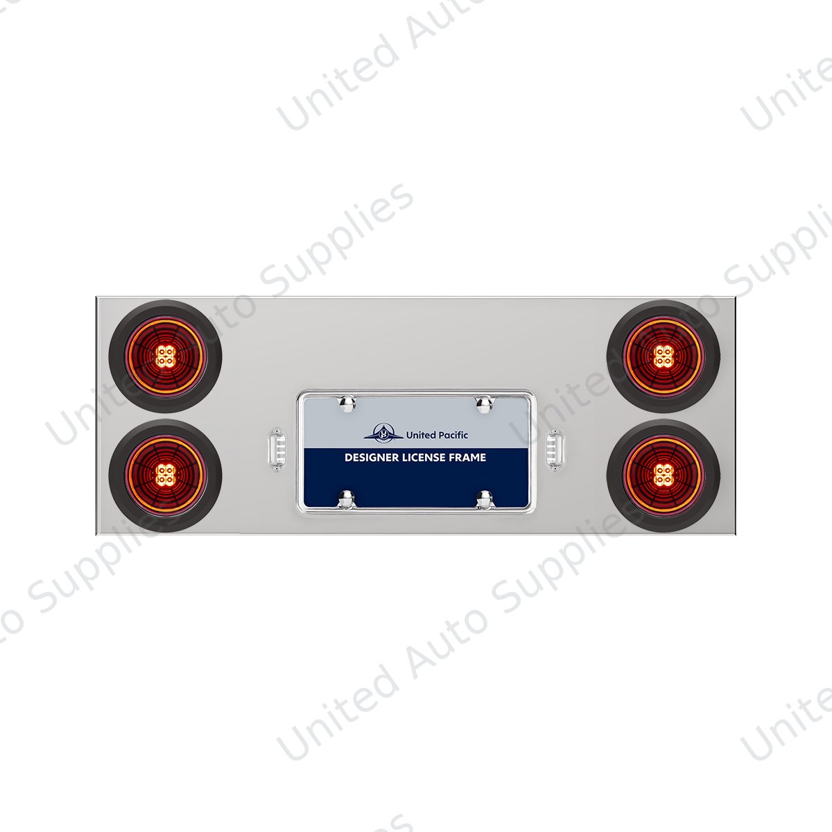 33-3/4" Stainless Rear Center Panel With 4X 13 LED 4" Abyss Lights & Grommets - Red LED/Clear Lens