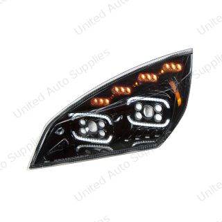 Black 10 LED Projector Headlight With LED Sequential Turn & DRL For 2018-2024 Freightliner Cascadia - Driver