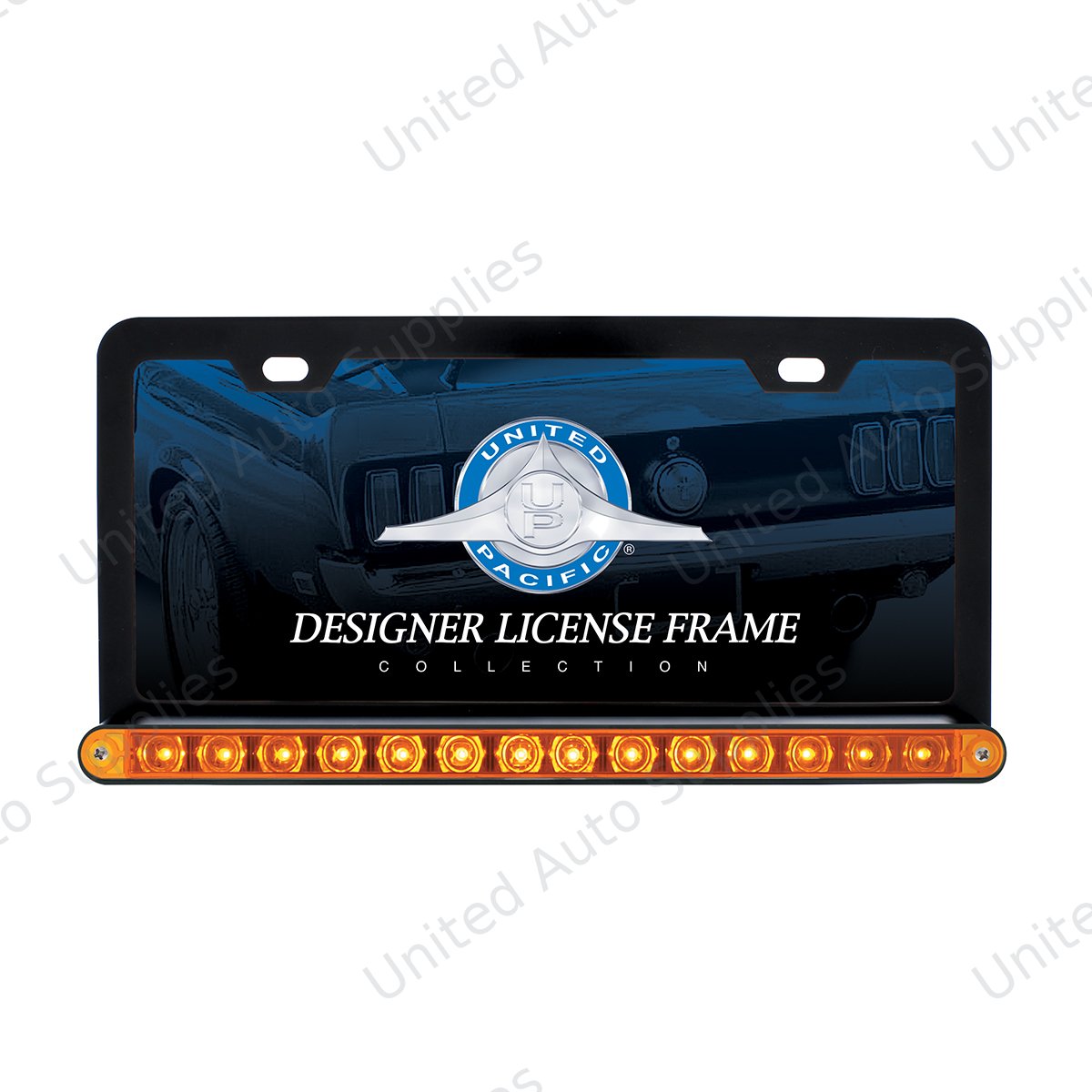 Black License Plate Frame With 14 LED 12" Light Bar - Amber LED/Amber Lens