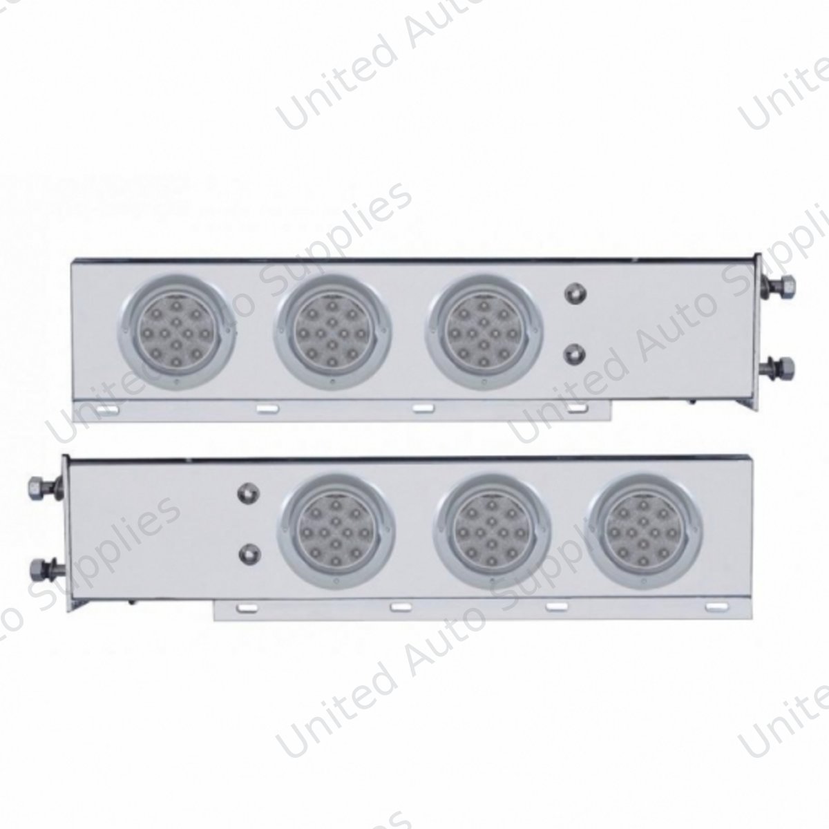 3-3/4" Bolt Pattern Chrome Spring Loaded Bar W/6X 12 Red LED 4" Refl. Lights & Visors -Clear Lens (Pair)