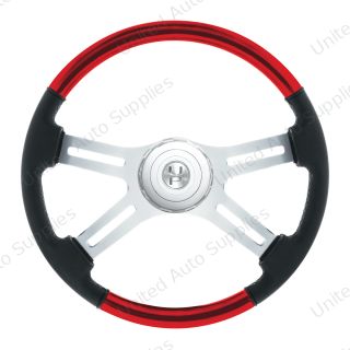 18" Leather & Wood Candy Color 4 Spoke Steering Wheel With Chrome Horn Bezel-Candy Red