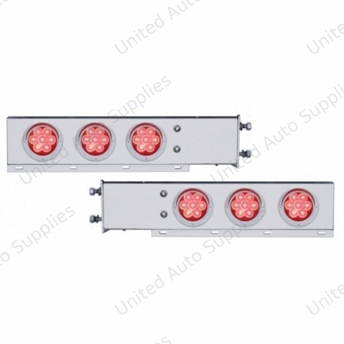 3-3/4" Bolt Pattern Chrome Spring Loaded Bar With 6X 4" 7 Red LED Lights & Visors - Red Lens (Pair)
