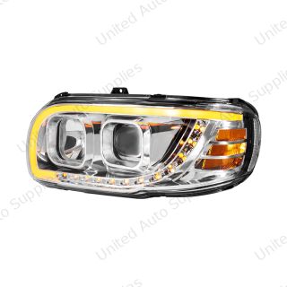 Chrome Projection Headlight With LED Turn Signal & Light Bar For 2008-2024 Peterbilt 389-Driver