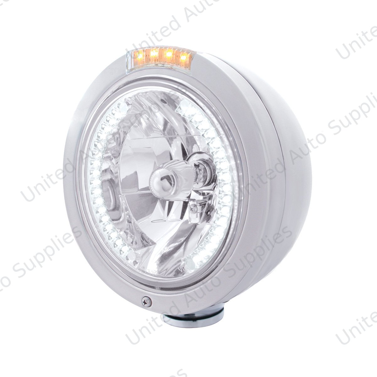 Stainless Steel Bullet Classic Headlight H4 With White LED & Dual Mode LED Signal-Clear Lens