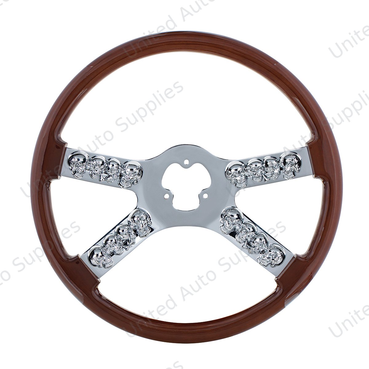 18" Chrome Steering Wheel With Skull Accent - Wood