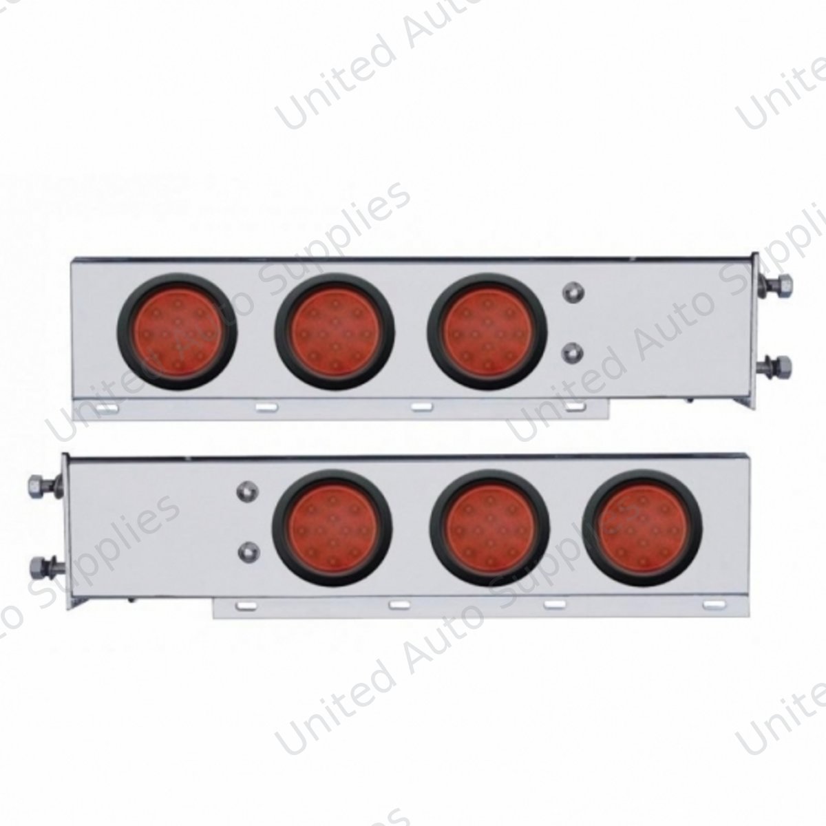 3-3/4" Bolt Pattern Chrome Spring Loaded Bar W/6X 12 Red LED 4" Reflector Lights -Red Lens (Pair)