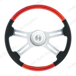18" Leather & Wood Candy Color 4 Spoke Steering Wheel With Chrome Horn Bezel-Cadmium Orange