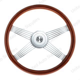 18" Chrome 4 Spoke With Wire Cutout Steering Wheel With Horn Bezel & Button-Wood Grain