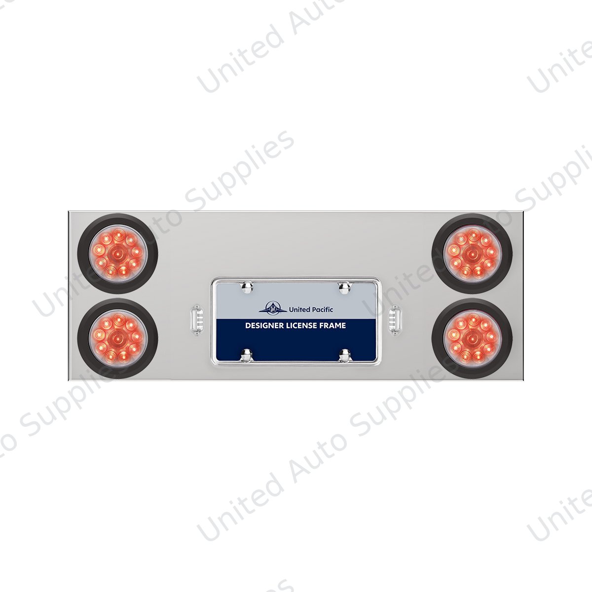33-3/4" Stainless Rear Center Panel With Four 10 LED 4" Lights & Grommets - Red LED/Clear Lens