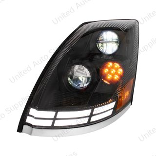 Black LED Headlight With Dual Color LED Light Bars For 2003-2017 Volvo VN/VNL - Driver