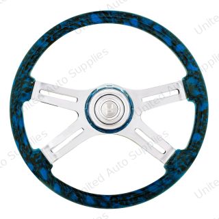 18" 4 Spoke Skull Steering Wheel With Matching Skull Horn Bezel - Blue