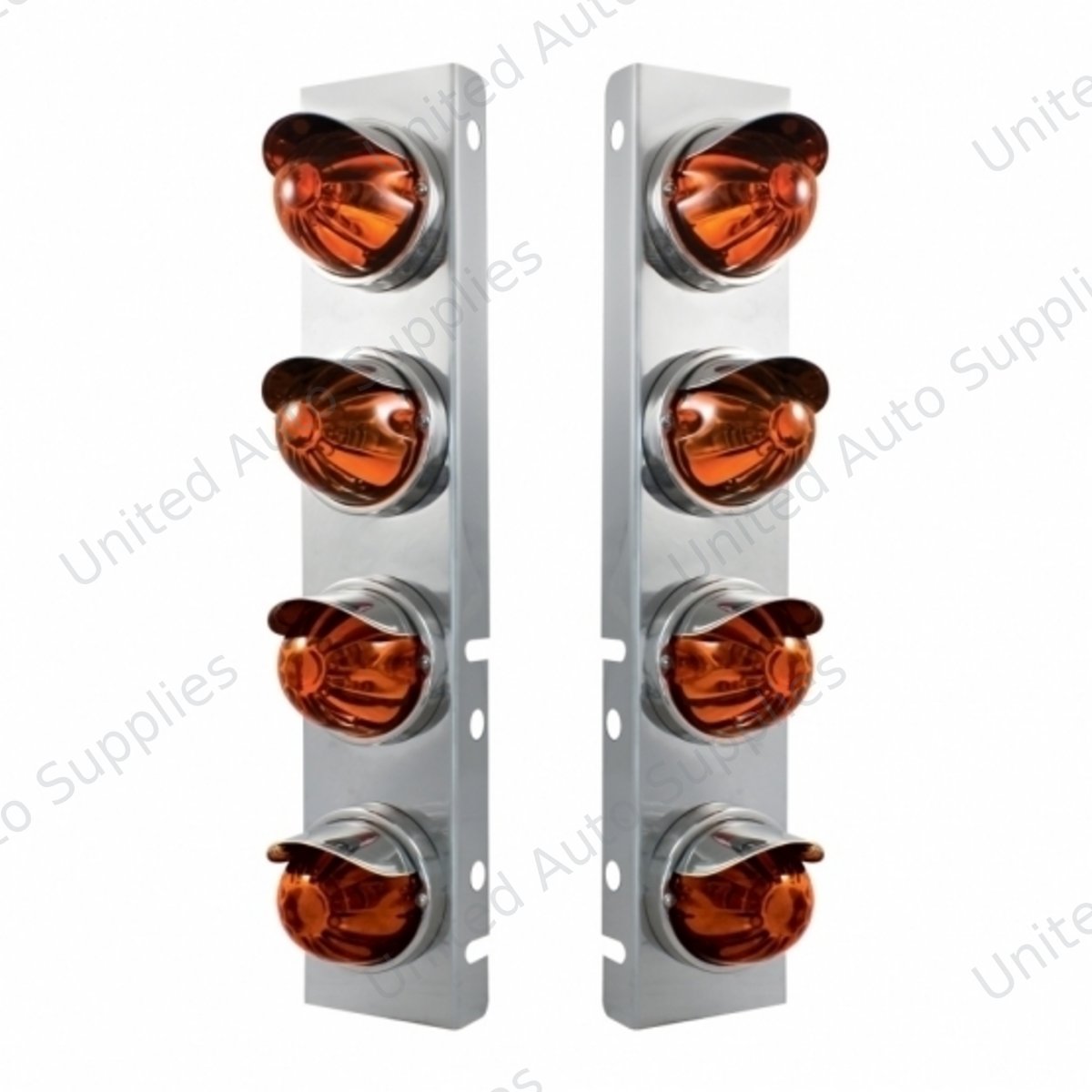 SS Front Air Cleaner Bracket With 8X Glass Watermelon Lights & SS Visors For Peterbilt-Dark Amber Lens