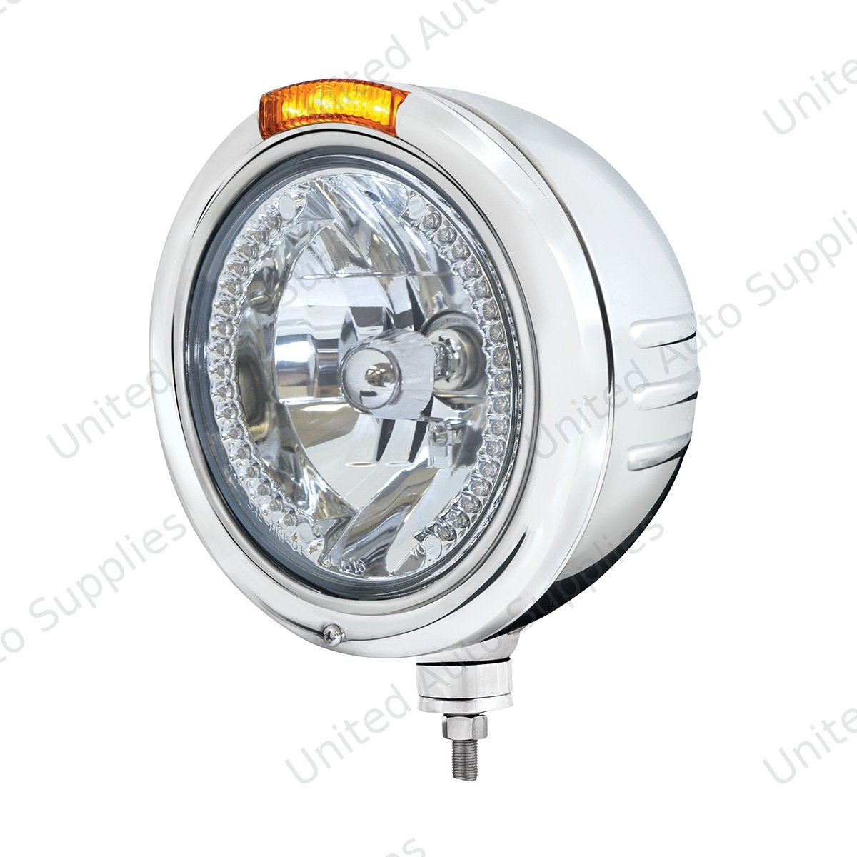 SS Classic Embossed Stripe Headlight H4 With White LED & Dual Mode LED Signal -Amber Lens