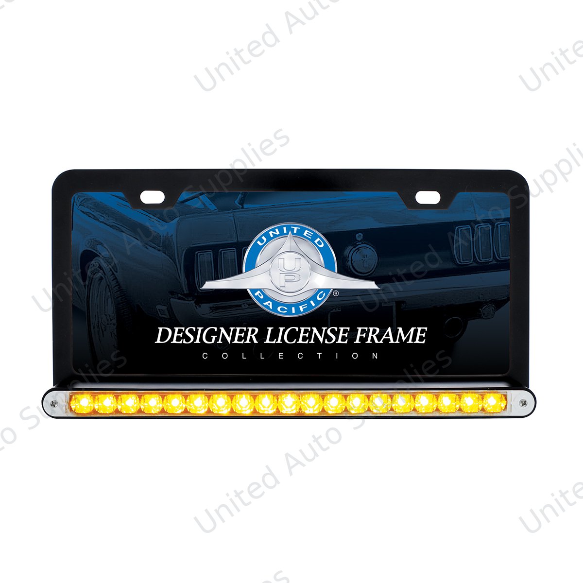 Black License Plate Frame With 19 LED 12" Reflector Light Bar - Amber LED/Clear Lens