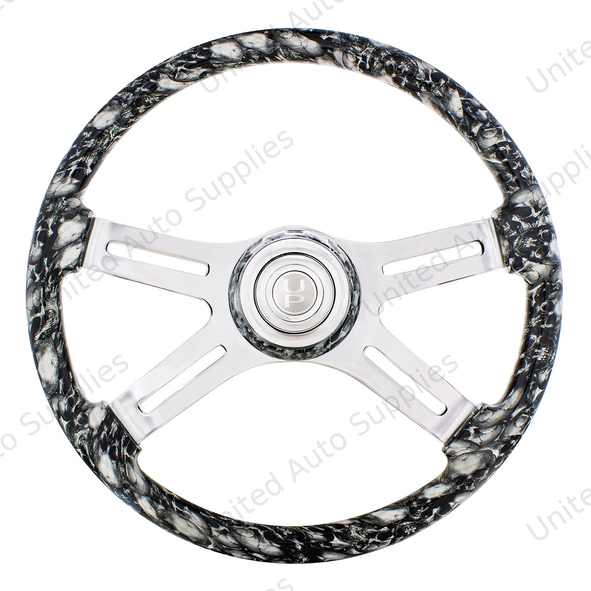 18" 4 Spoke Skull Steering Wheel With Matching Skull Horn Bezel - White