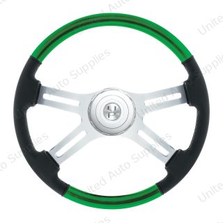 18" Leather & Wood Candy Color 4 Spoke Steering Wheel With Chrome Horn Bezel-Candy Apple Green