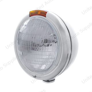 Stainless Steel Classic Headlight 6014 Bulb & Turn Signal - Amber Lens